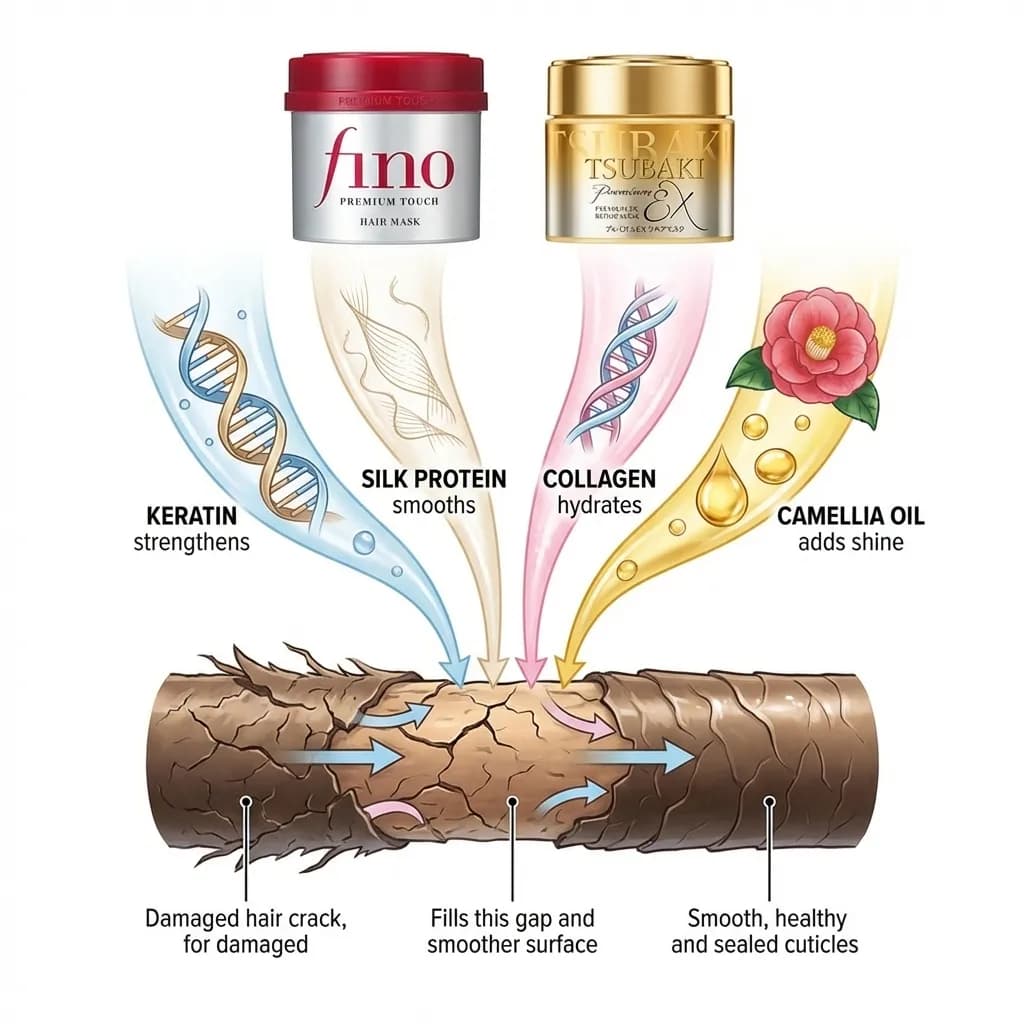Fino vs Tsubaki hair mask ingredients comparison