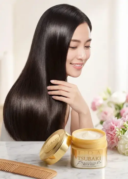 smooth shiny hair after using Tsubaki hair mask